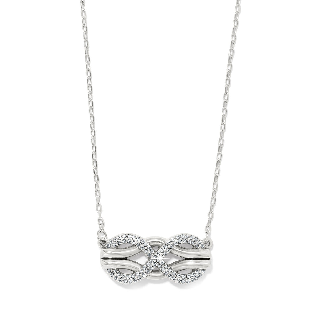 Silver plated necklace with interlocking crystal pendant on adjustable chain