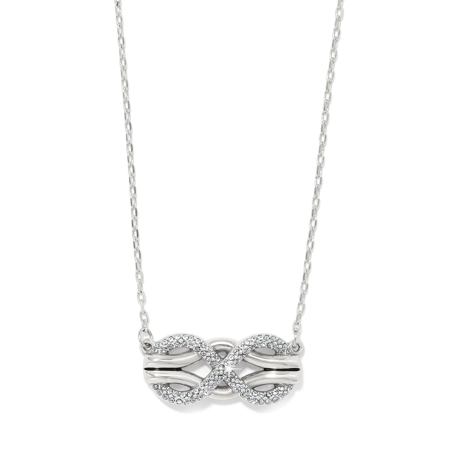 Silver plated necklace with interlocking crystal pendant on adjustable chain