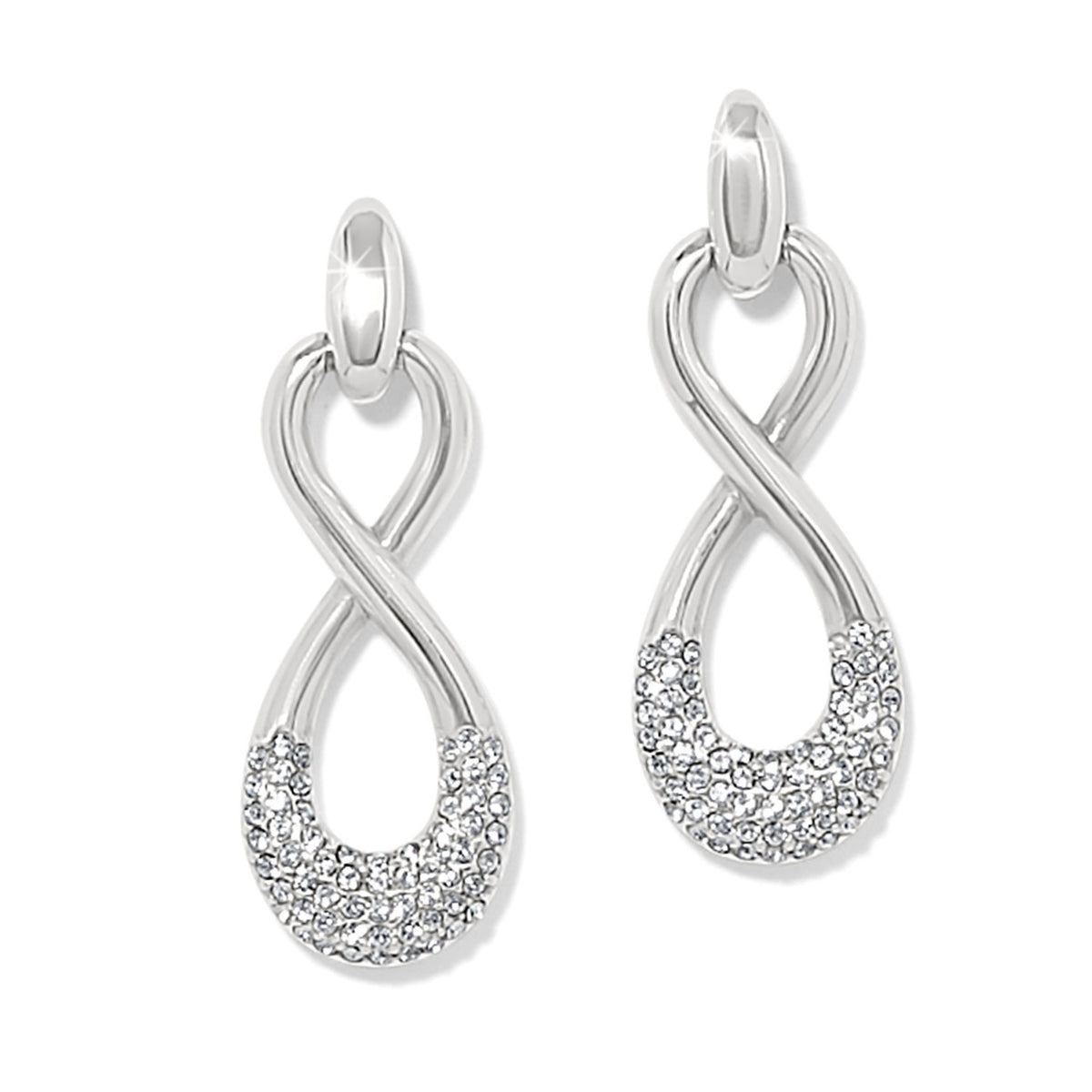 Silver plated post drop earrings featuring fine quality crystals with a flat disc back.