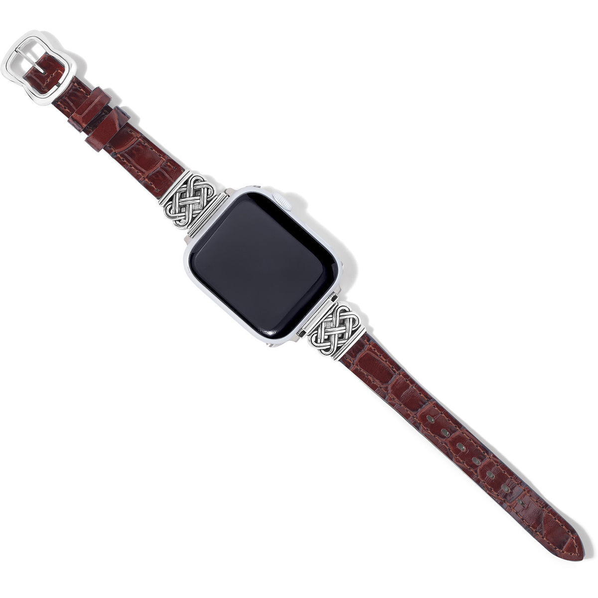 Reversible leather watch band in black-brown with silver buckle