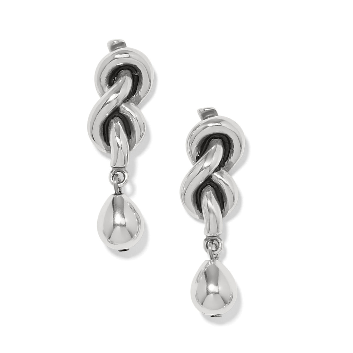 Silver Interlok single knot drop earrings with intricate pavé detailing on a post back.