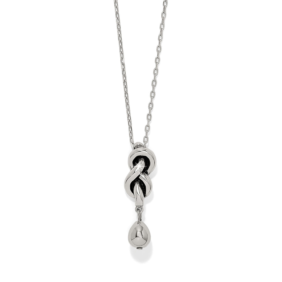Silver plated Interlok single knot drop necklace with lobster claw closure on an adjustable chain.