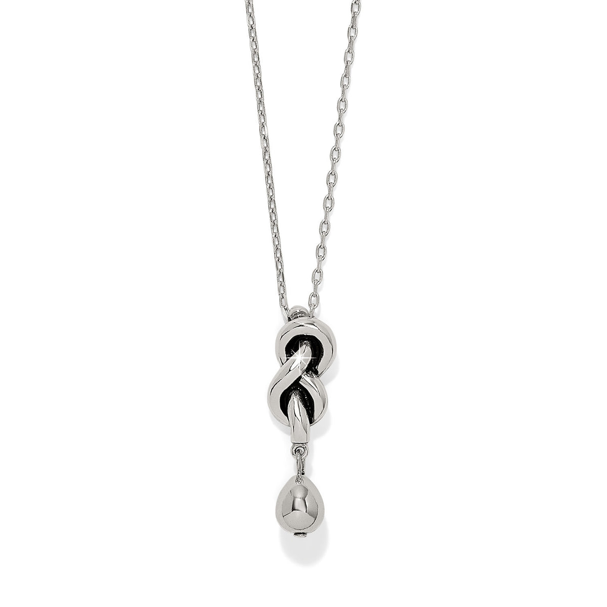Silver plated Interlok single knot drop necklace with lobster claw closure on an adjustable chain.