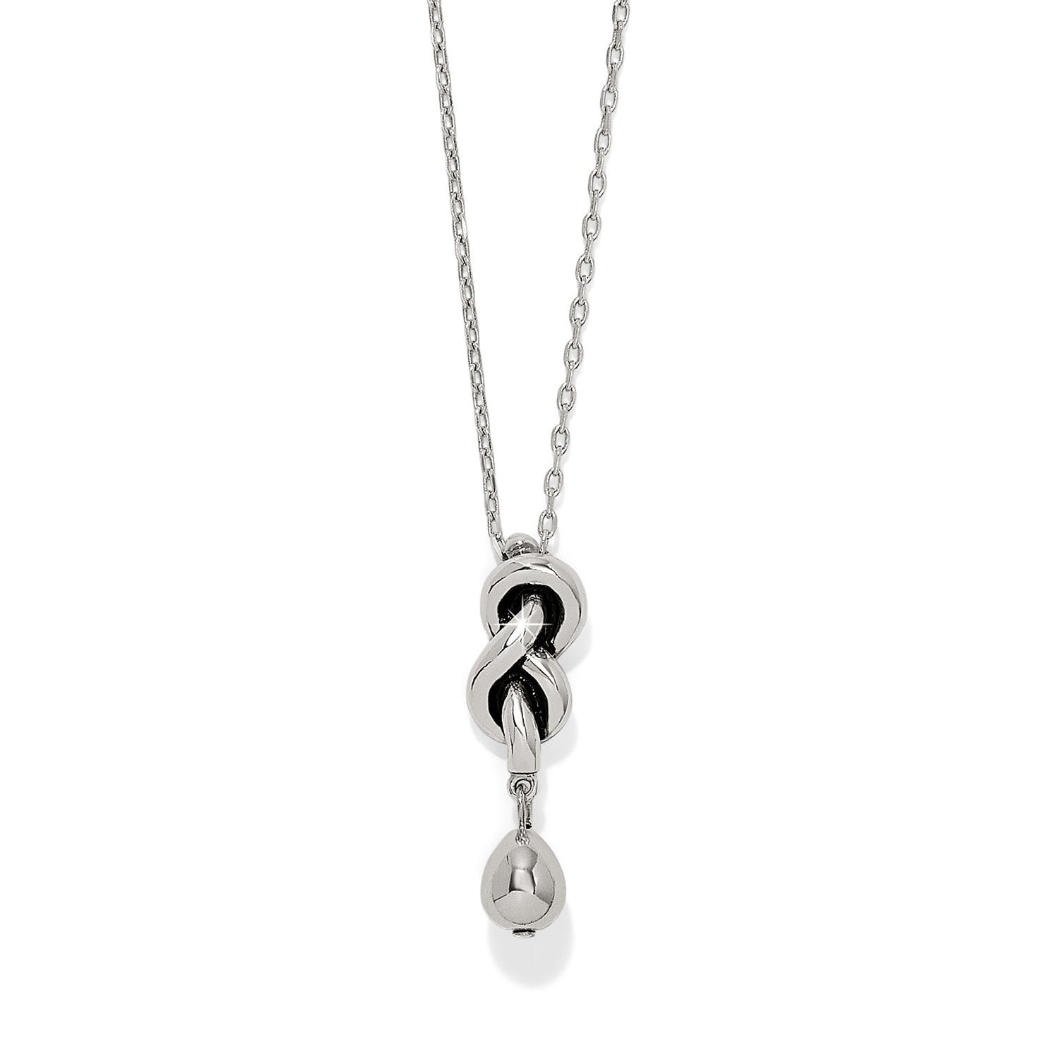 Silver plated Interlok single knot drop necklace with lobster claw closure on an adjustable chain.