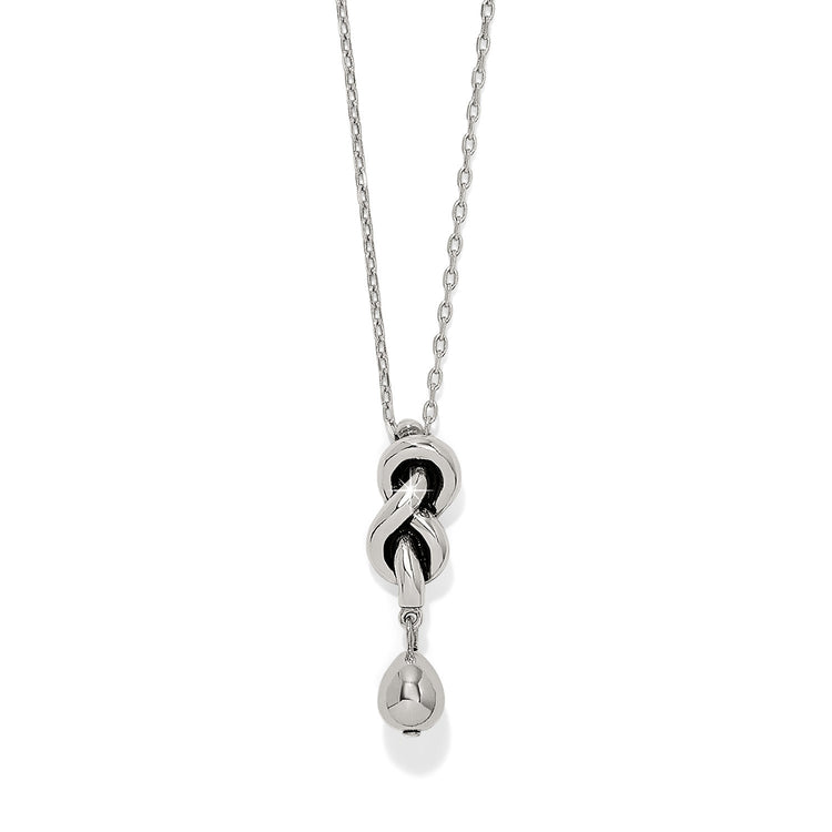 Silver plated Interlok single knot drop necklace with lobster claw closure on an adjustable chain.