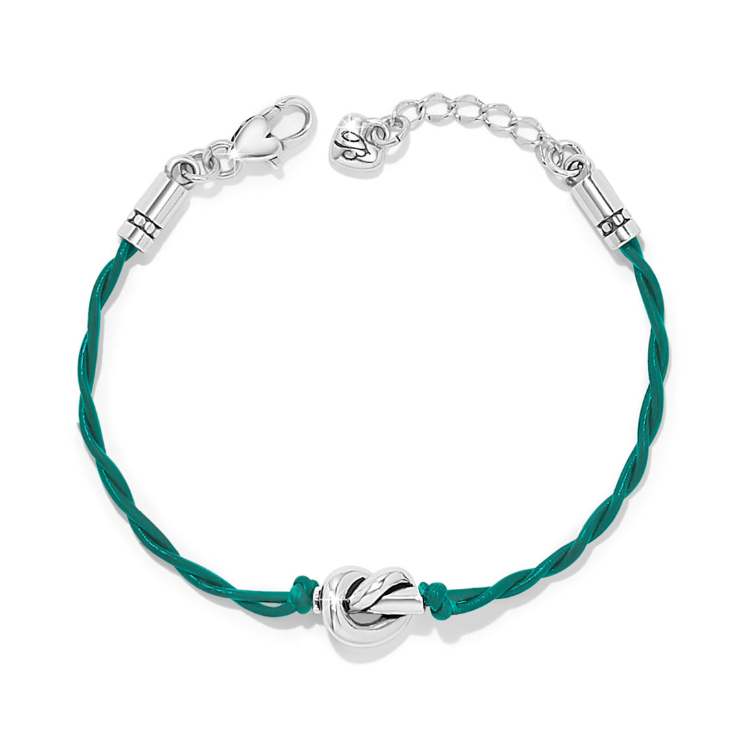 Green leather cord bracelet with silver-plated single knot centerpiece.