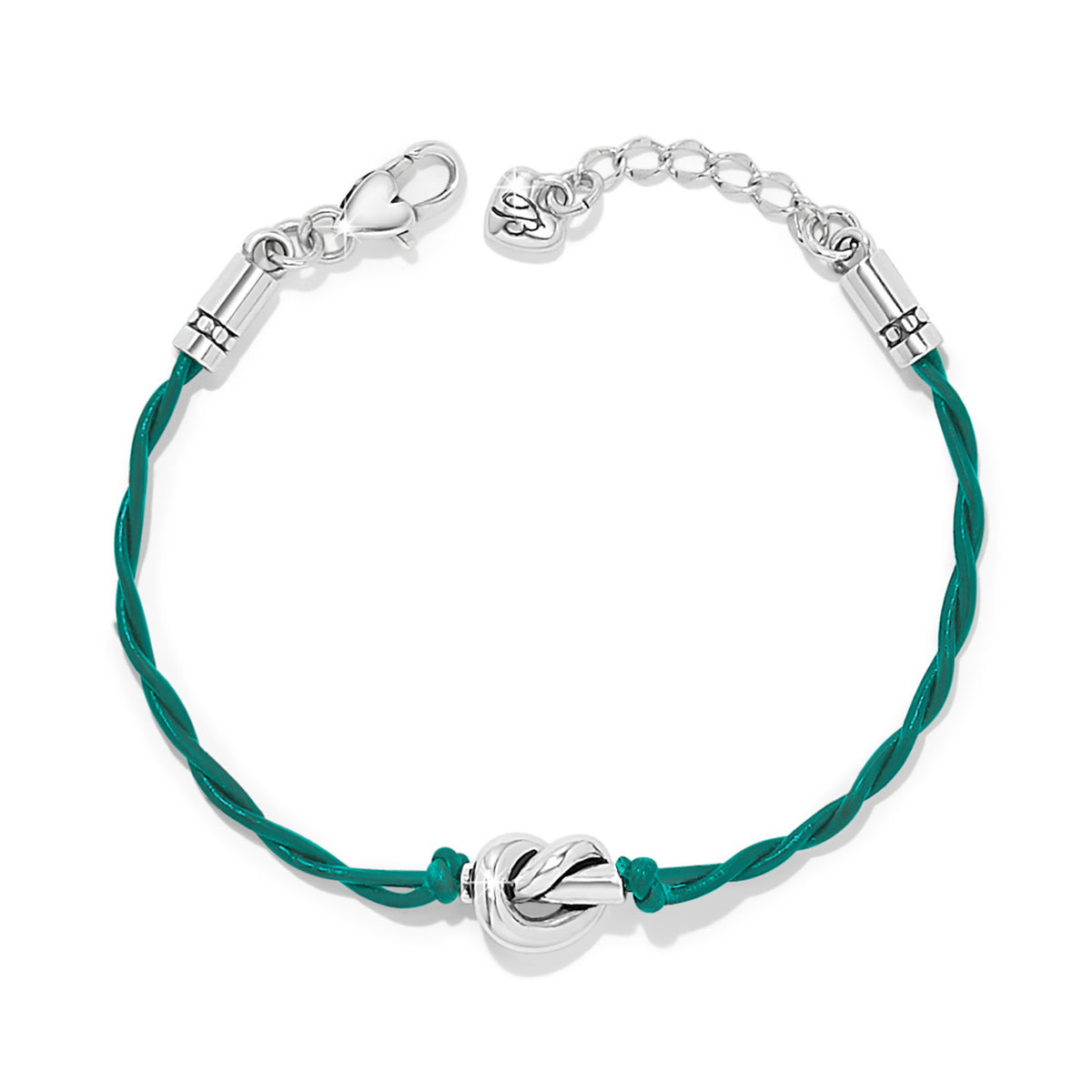 Green leather cord bracelet with silver-plated single knot centerpiece.