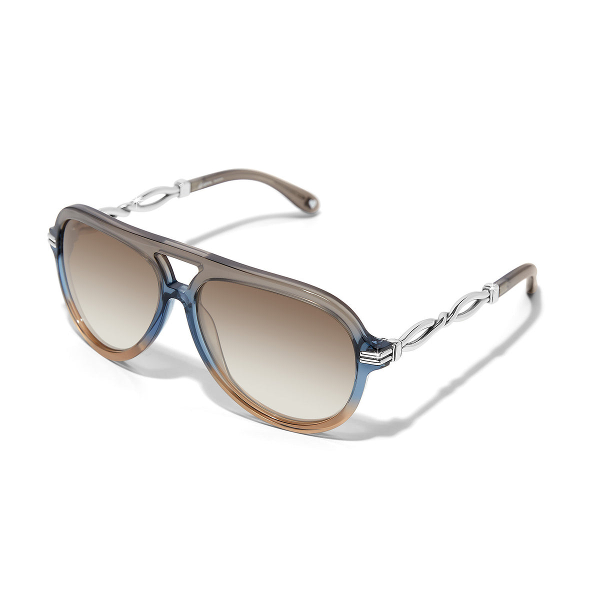 Interlok Twist Aviator sunglasses in tan acetate frames with blue lenses and silver plated accents.