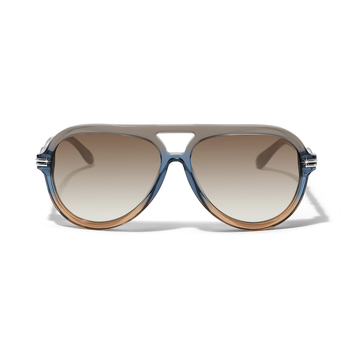 Interlok Twist Aviator sunglasses with a tan acetate frame featuring blue accents and silver plated metal details.