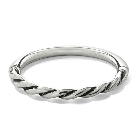 Silver plated hinged bangle with a sculpted rope twist pattern inspired by Roman columns.