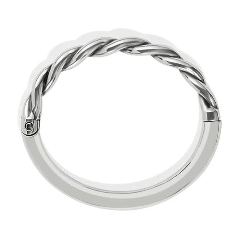 Silver plated hinged bangle with a twisted rope spiral design.