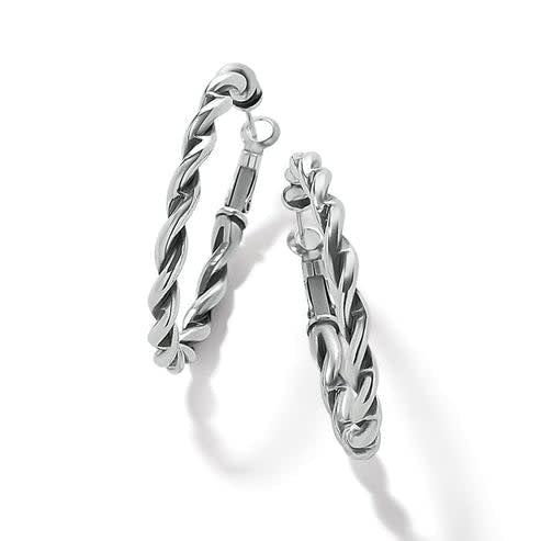 Silver plated oval hoop earrings with a sculpted twist rope design inspired by Roman columns.