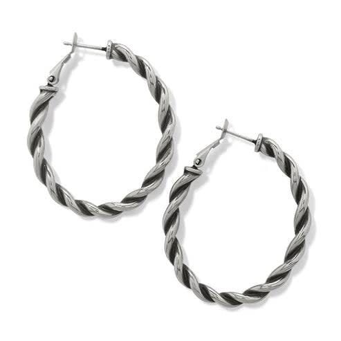 Silver plated oval hoop earrings with a sculpted twist rope design featuring leverback posts.