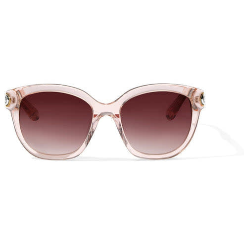 Front view of Intrigue Rosewater sunglasses with silver-plated frames in a soft rounded square shape and transparent peachy-pink lenses.
