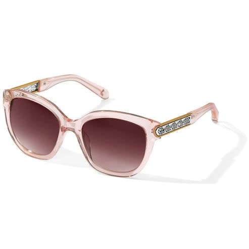 Side view of Intrigue Rosewater sunglasses with silver-plated frames in soft peachy-pink and round silhouette.