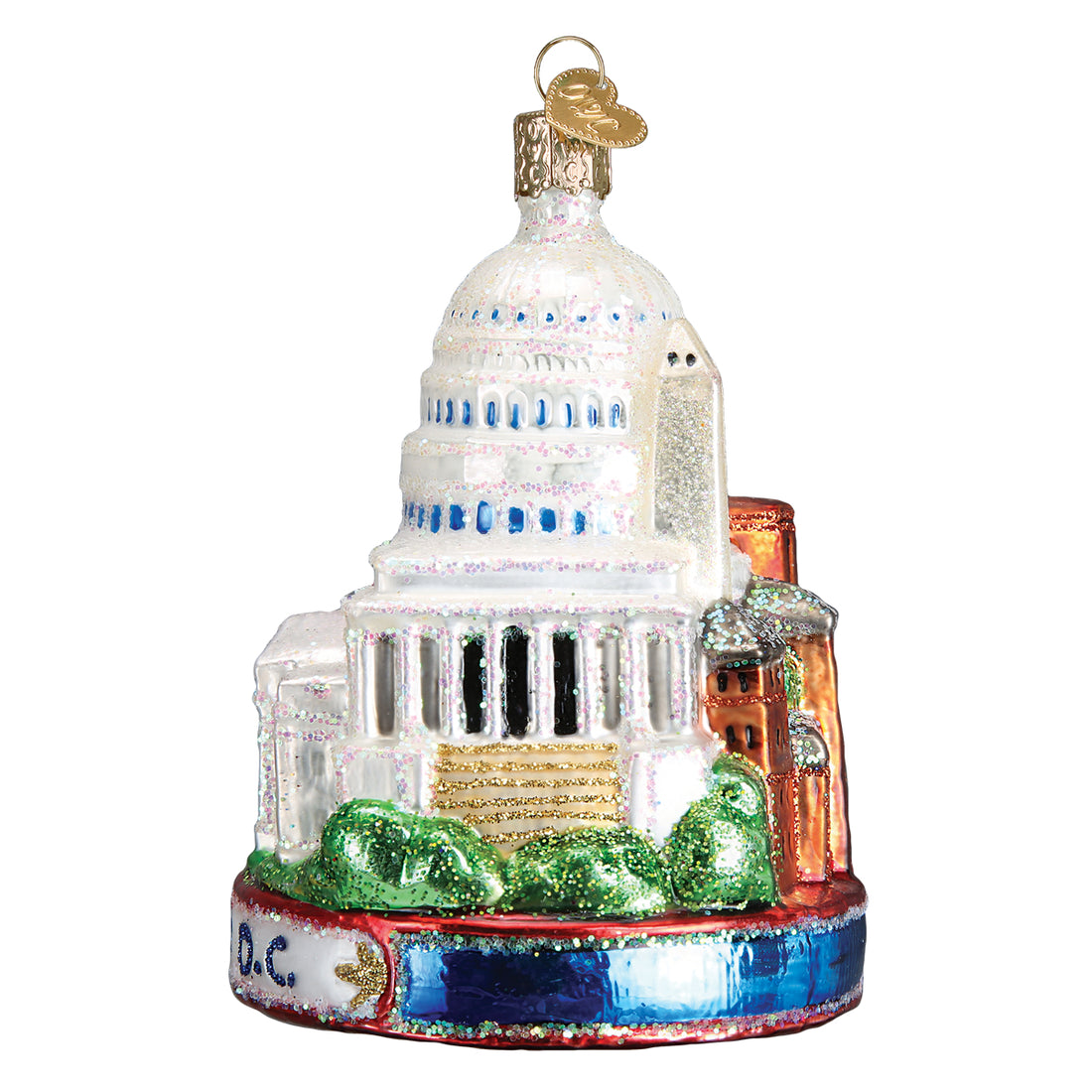 Glass Washington D.C. ornament featuring the Capitol Building, Washington Monument, and greenery.