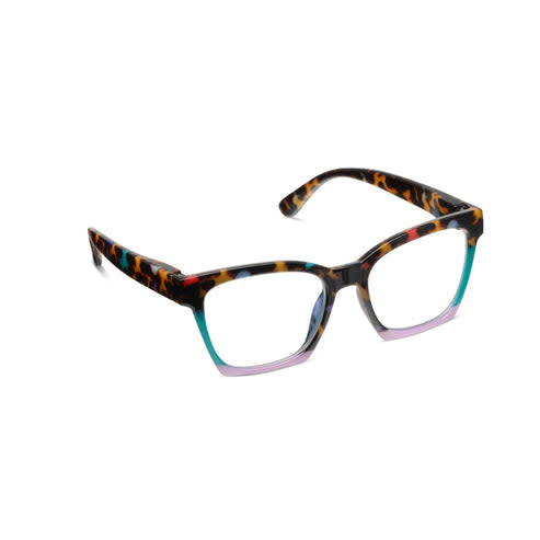 Birdie eyeglasses with bright blue accents on the frame bottom