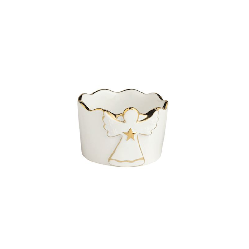 White stoneware tidbit dish with a scalloped gold rim and a raised gold-trimmed angel motif.