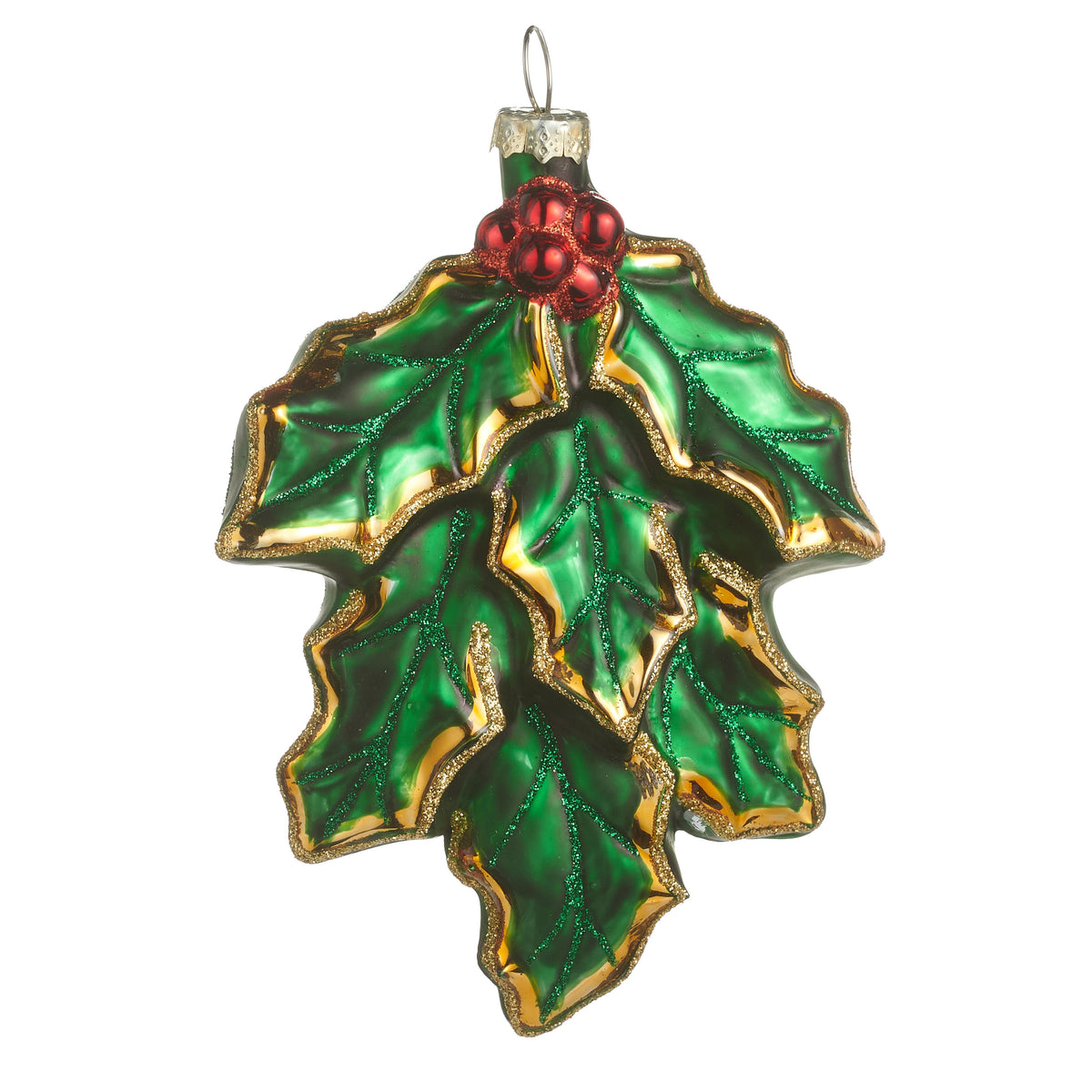 Glass holly leaf Christmas ornament with green leaves, gold glitter edges, and red berries.