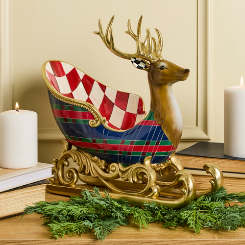 Timeless Tartan Deer Sleigh with a gold reindeer head and base, featuring red and green patterns.