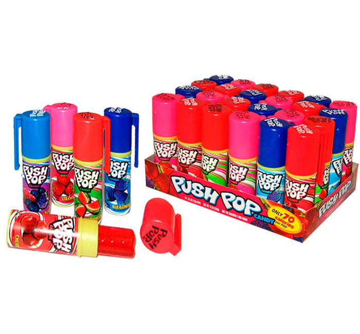 Push Pops candy in a clear plastic tube with red fruit-flavored liquid.