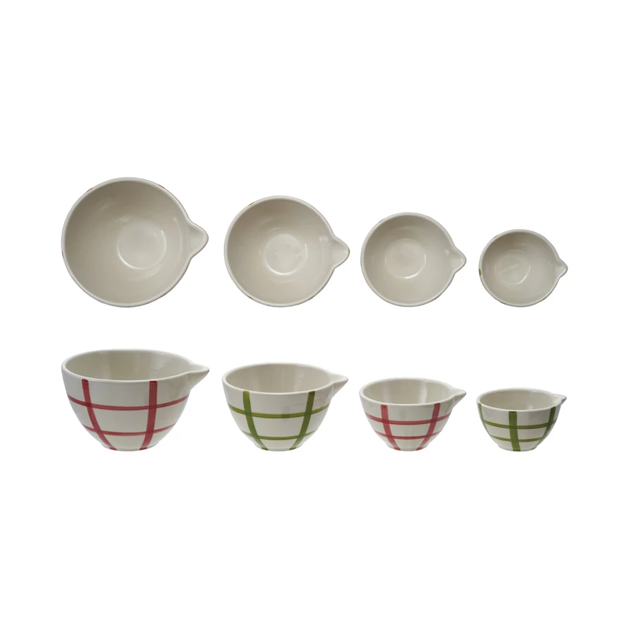Set of four stoneware prep bowls with red and green grid patterns and pouring spouts.