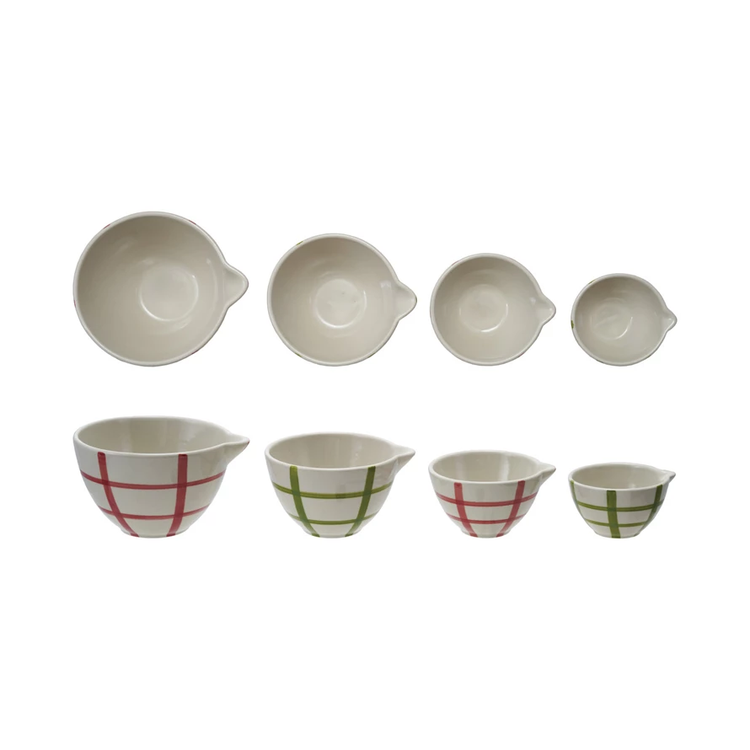Set of four stoneware prep bowls with red and green grid patterns and pouring spouts.