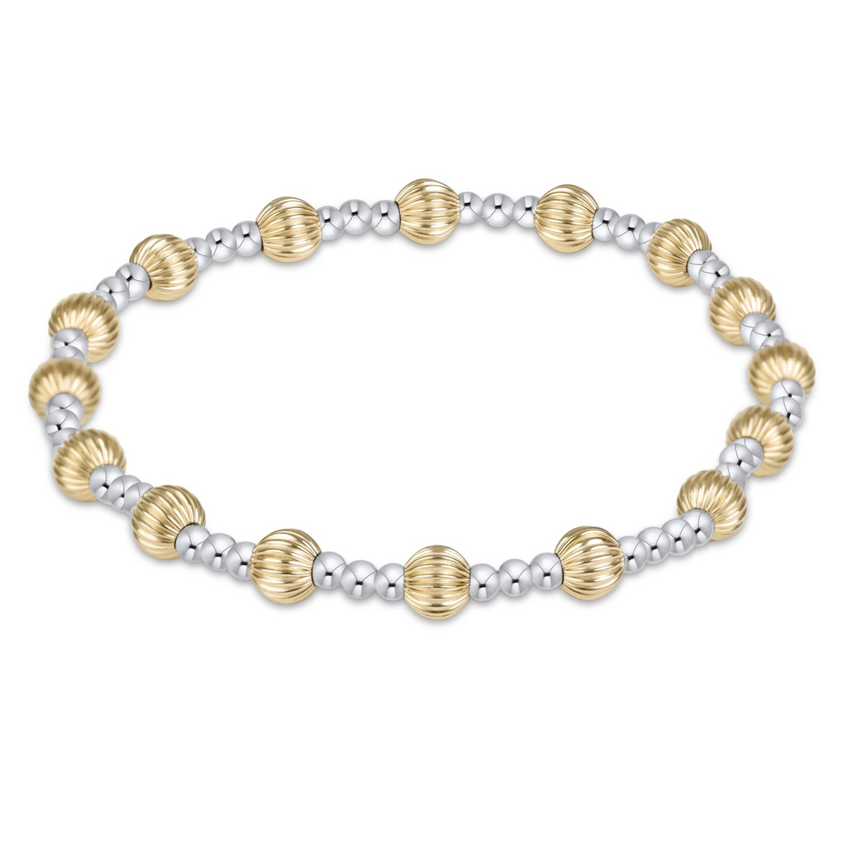 Dignity Sincerity 5mm bracelet featuring ribbed gold-filled beads and smooth sterling silver beads.