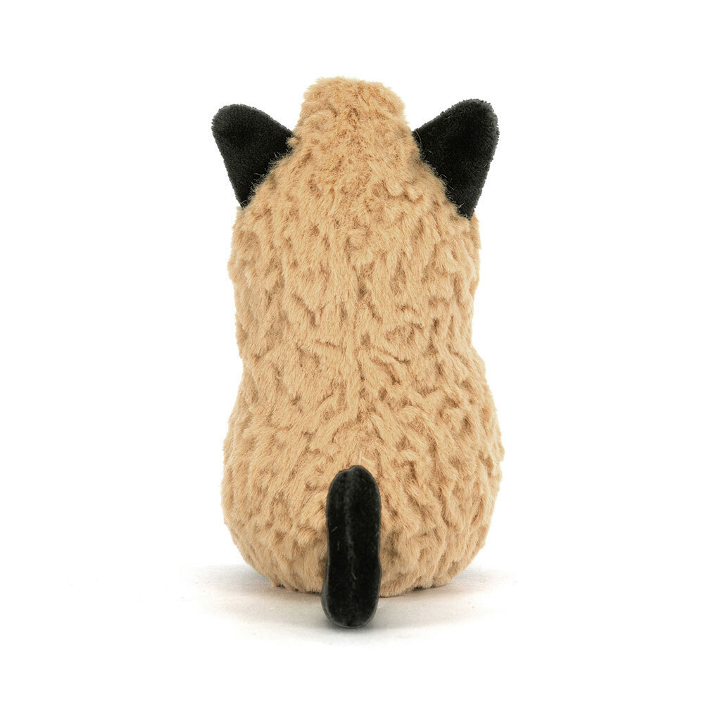 Back view of a tan textured plush peanut wearing a black cat ear headband and a black tail.