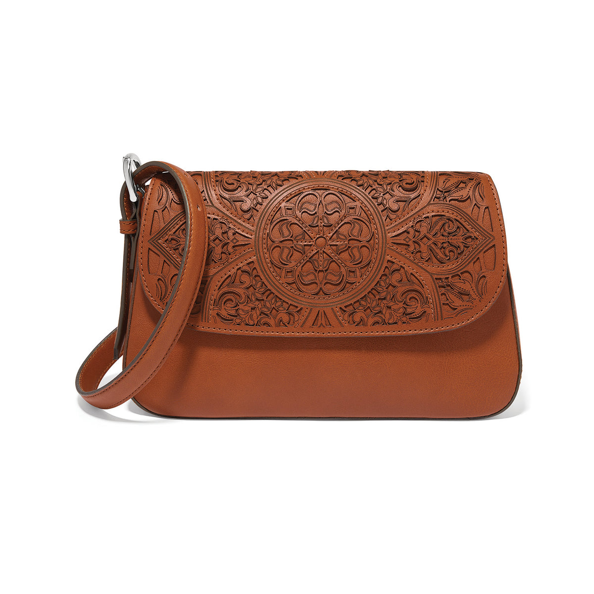 Sephora Flap Bag in Russet leather with an intricate embossed floral mandala design on the flap.