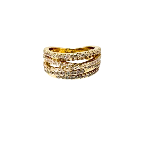 Gold-tone fashion statement ring featuring a wide, multi-layered band set with sparkling crystals.