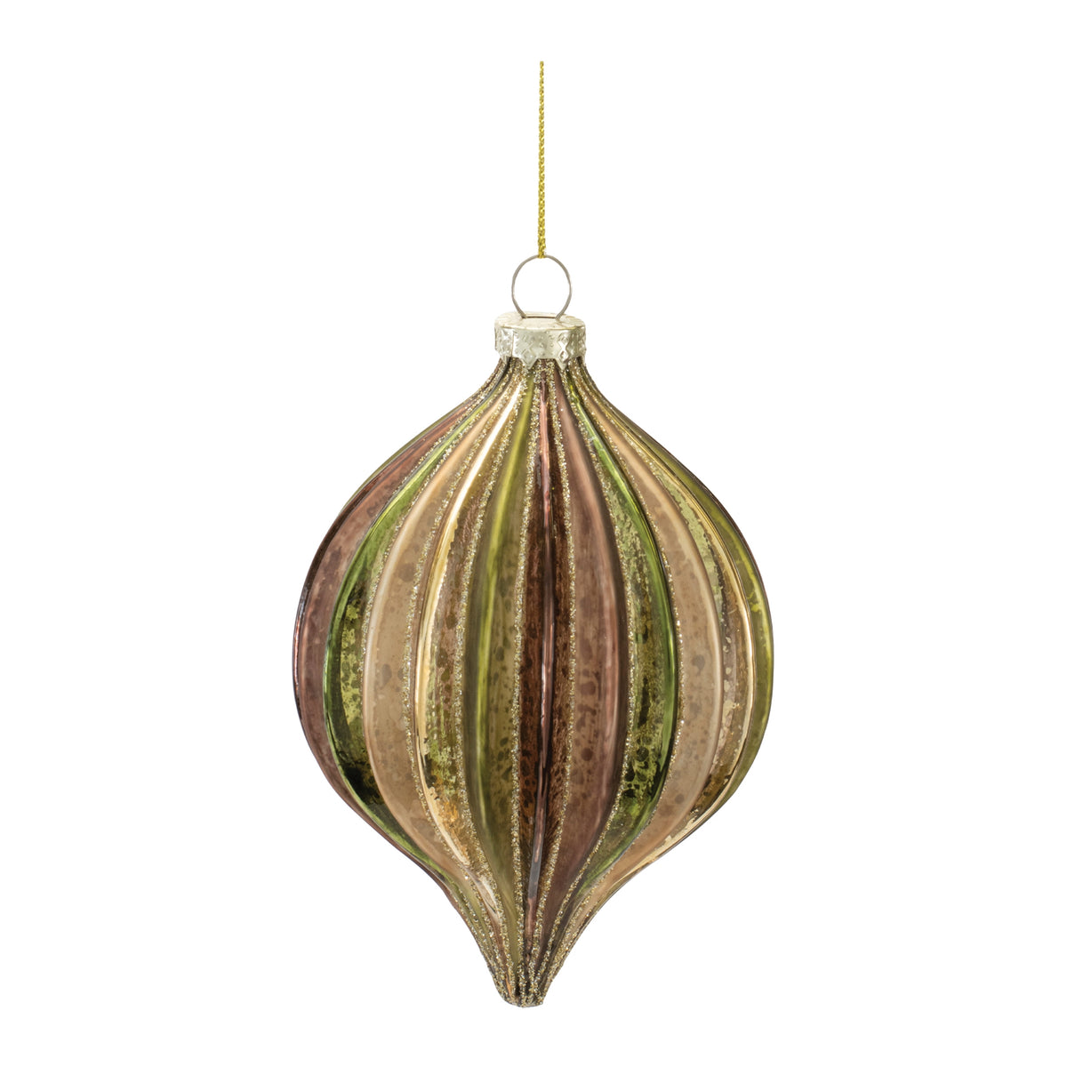 Ribbed glass onion ornament with metallic gold, green, and bronze vertical stripes and glitter.