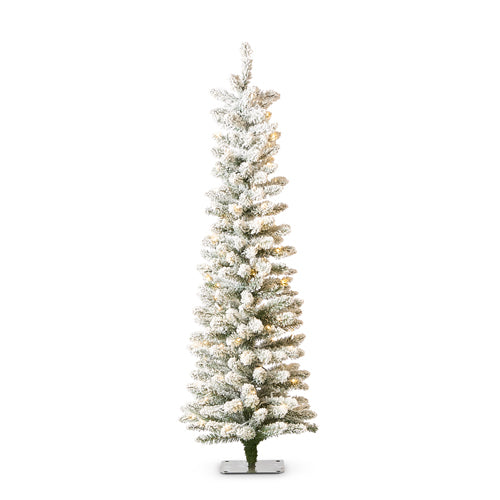 4.5' Snowy Alpine Tree with 100 warm white LED lights and flocked white branches on a metal base.
