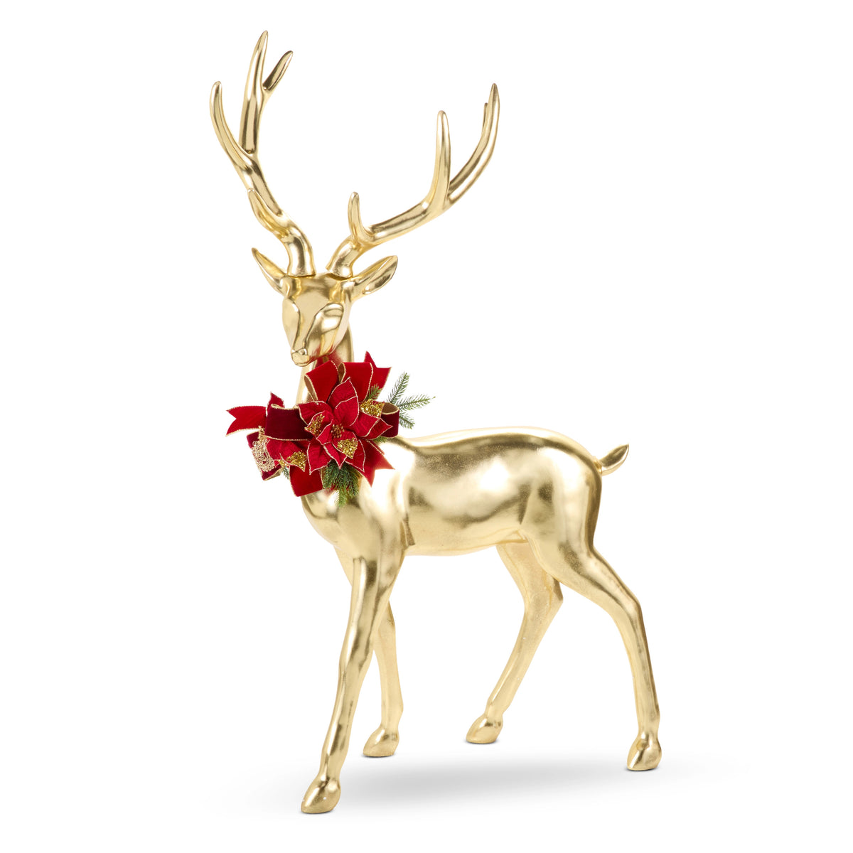 42-inch gold standing deer figurine with a red poinsettia bow around its neck.