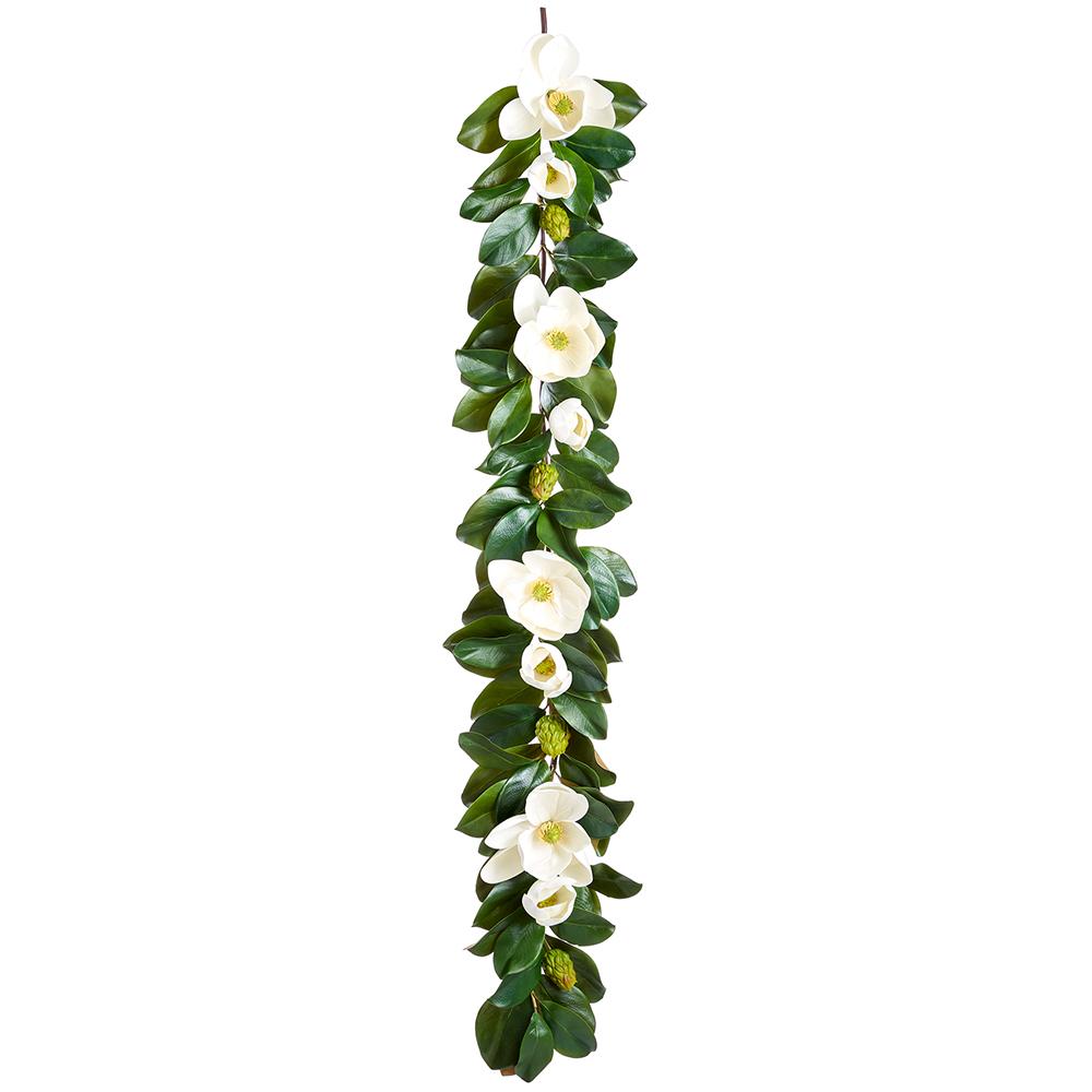 White plastic magnolia garland with green accents measuring five inches long.