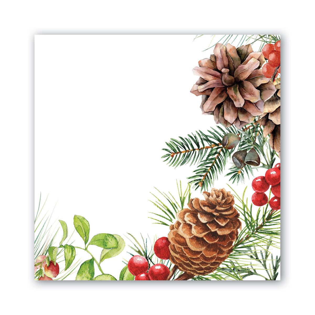 Holiday luncheon napkin with watercolor pinecones, holly berries, and pine needles.