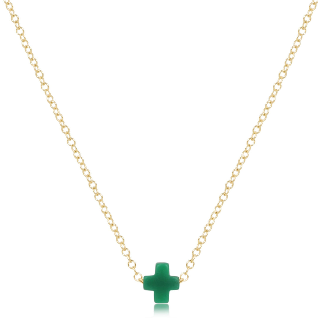 16-inch 14kt gold-filled chain necklace featuring a small green signature cross pendant.
