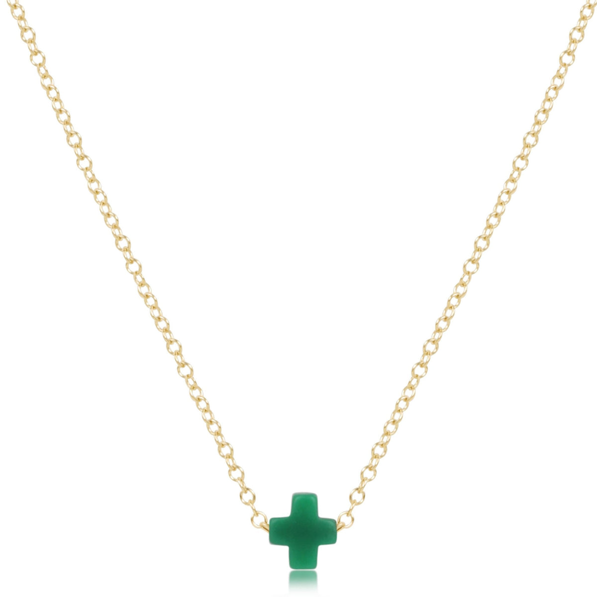 16-inch 14kt gold-filled chain necklace featuring a small green signature cross pendant.