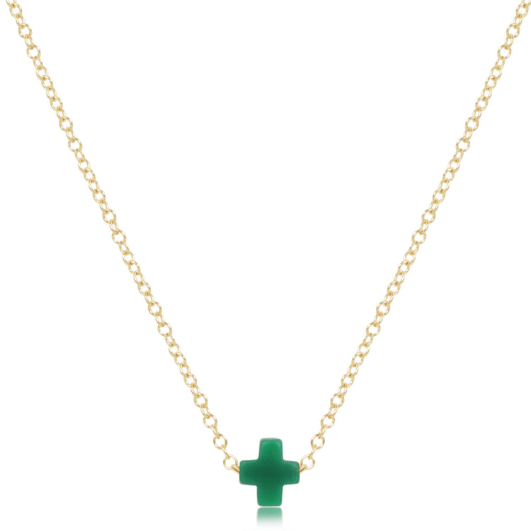 16-inch 14kt gold-filled chain necklace featuring a small green signature cross pendant.