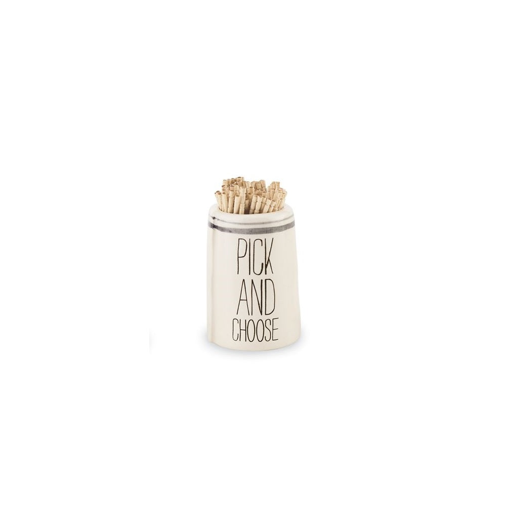 White dolomite Bistro Toothpick Holder with 'PICK AND CHOOSE' text and wooden toothpicks.