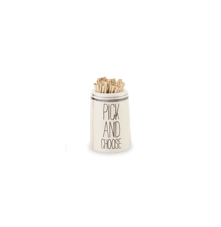White dolomite Bistro Toothpick Holder with 'PICK AND CHOOSE' text and wooden toothpicks.