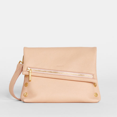 VIP Medium Zippered Bag in light pink pebbled leather with brushed gold hardware and a crossbody strap.