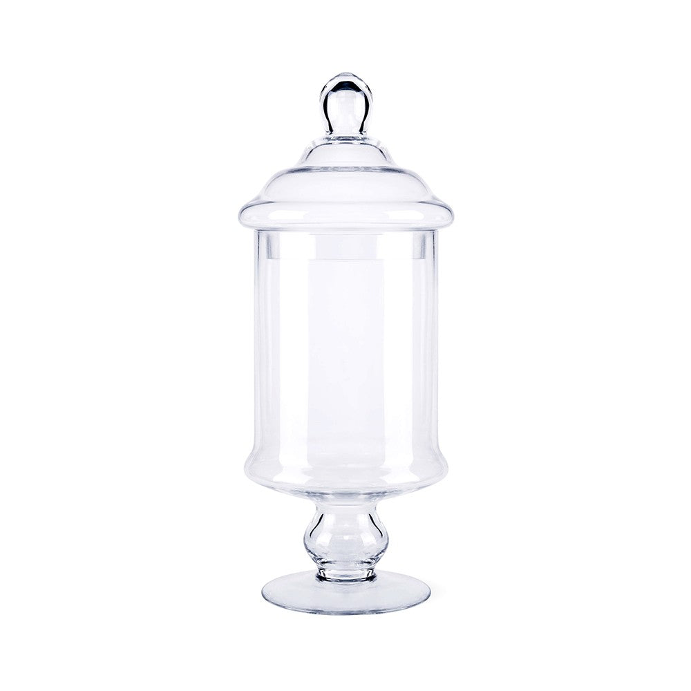 Clear glass apothecary jar with a pedestal base and a matching lid, 6.5 inches wide by 15 inches tall