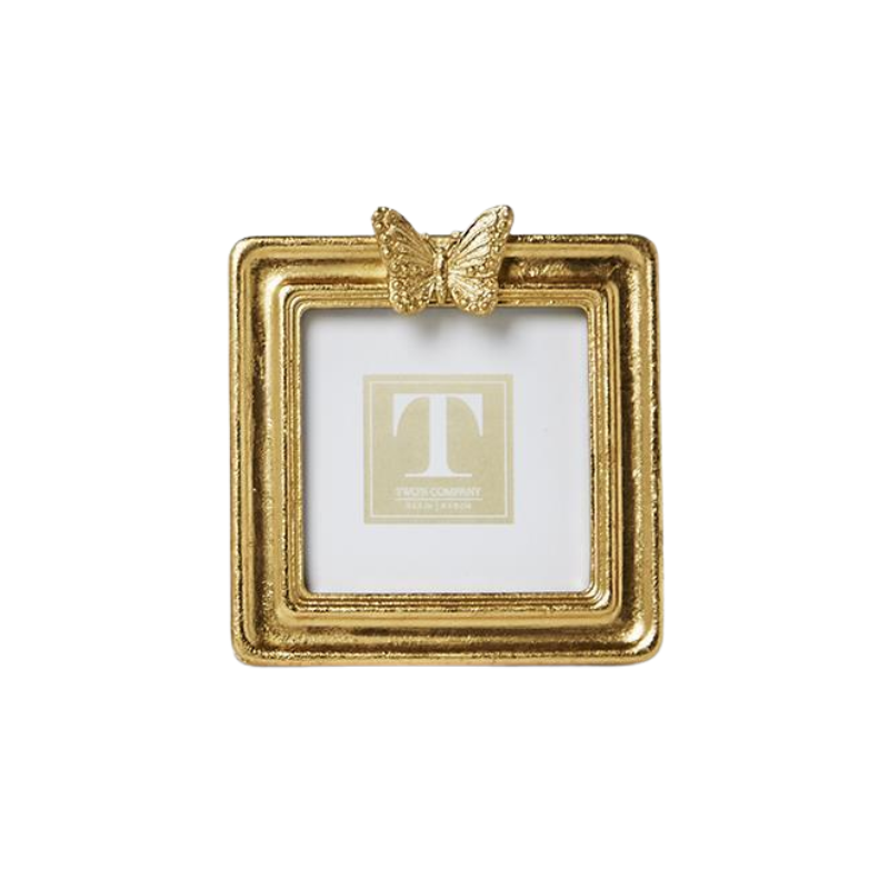 Square gold leaf finish photo frame with a decorative butterfly accent on the top edge.