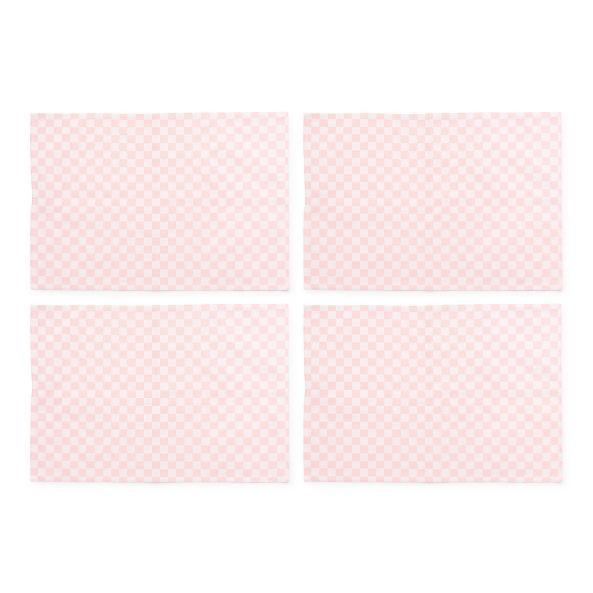 Set of four rectangular cotton placemats with a light pink and white checkered pattern.