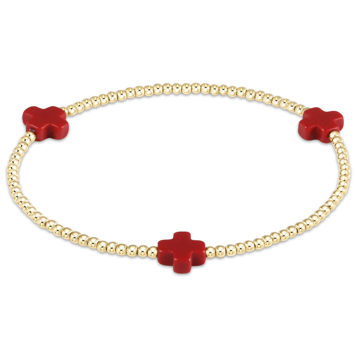 Signature Cross 2mm gold-filled bead bracelet with three red cross charms.