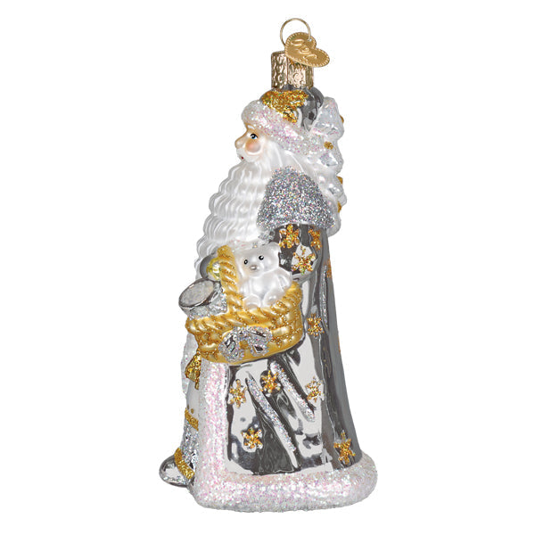 Silver metallic Santa ornament with a glossy finish.