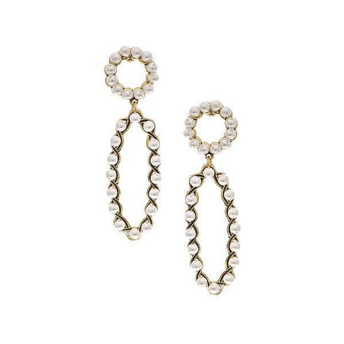 Romee Earrings featuring a gold-tone double-loop design with small white pearl accents.