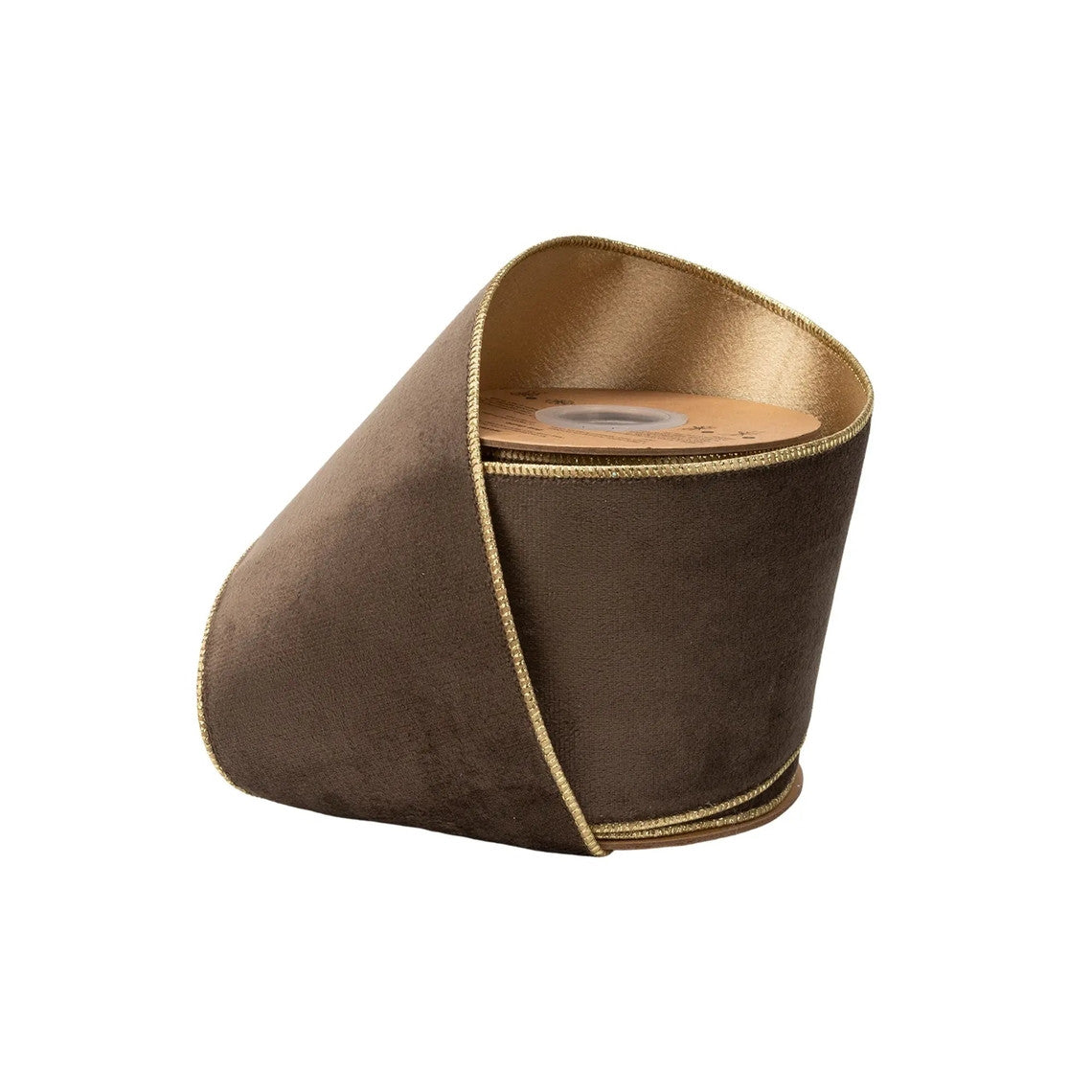 4 inch reversible brown velvet wired ribbon with gold satin backing on a 10 yard spool.