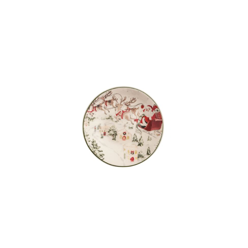 Round stoneware tidbit plate featuring a hand-painted scene of Santa in his sleigh over a village.